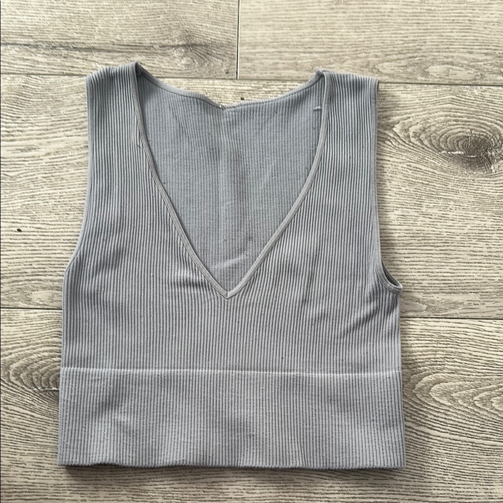 Gray Ribbed V-Neck Women's Top